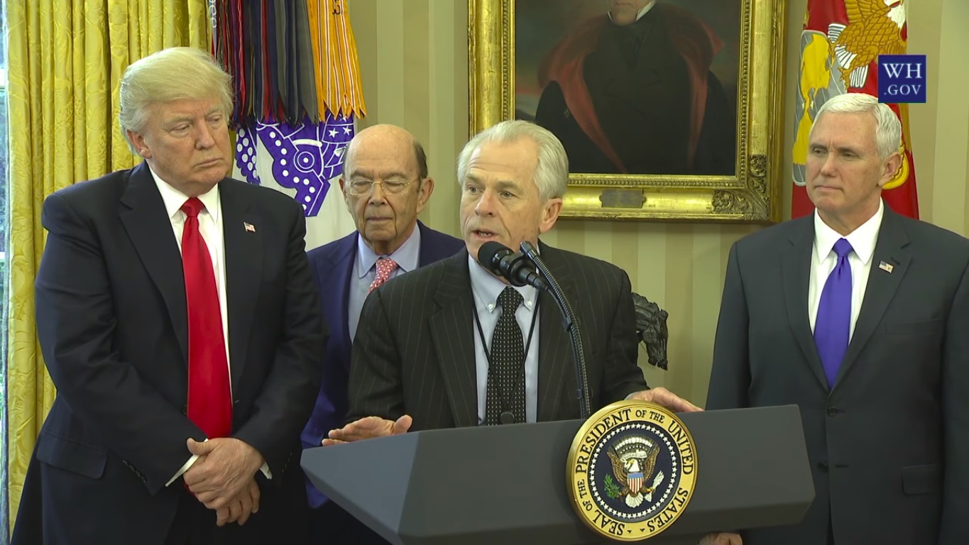 Peter Navarro, Director of the White House National Trade Council, Addresses in the Oval Office before U.S. President Donald Trump Signs Executive Orders Regarding Trade on March 31, 2017, by The White House - , Public Domain, h