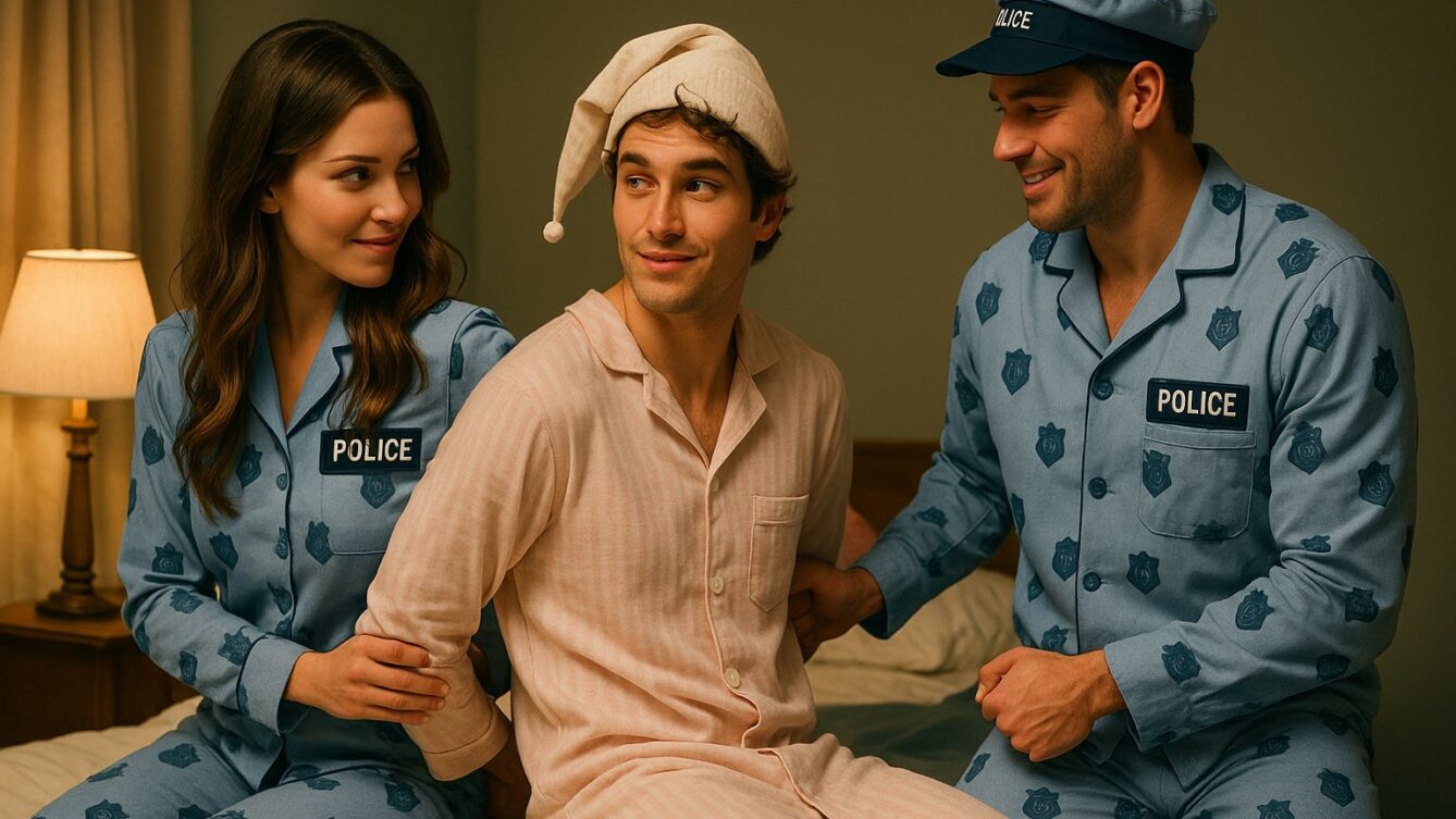 Policjanci w piżamach aresztujący śpiocha