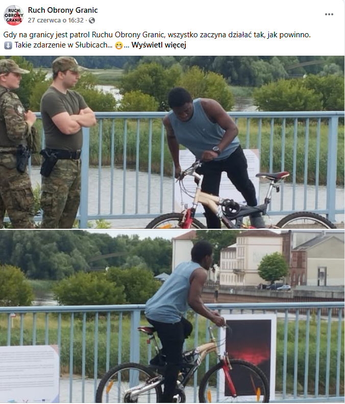 umundurowani ludzie zatrzymują rowerzystę