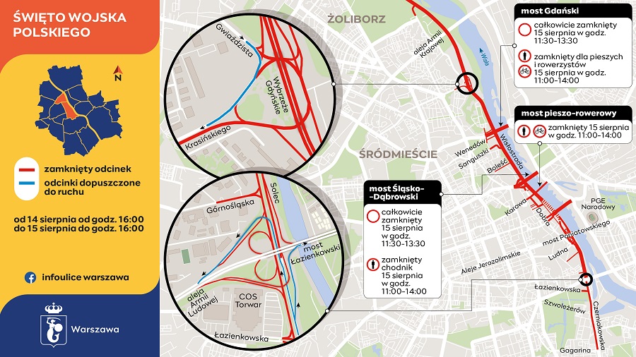 Warszawa - mapa objazdów na 15 sierpnia 2025, Policja