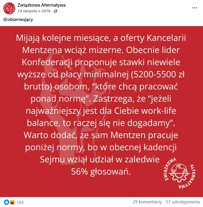 post Związkowej Alternatywy na temat Mentzena/ FB