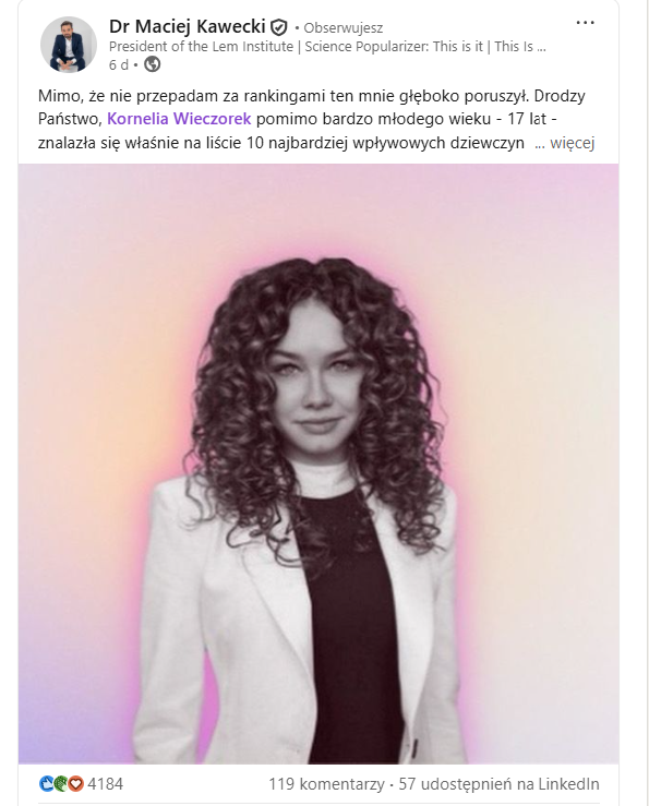 post dotyczący osiągnieć Kornelii wieczorek Maciej Kawecki/LinkedIn