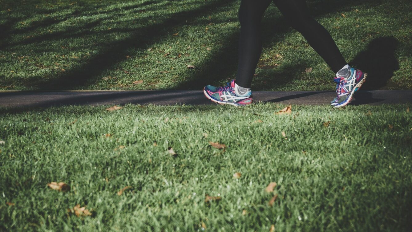 shallow focus photography of person walking on road between grass