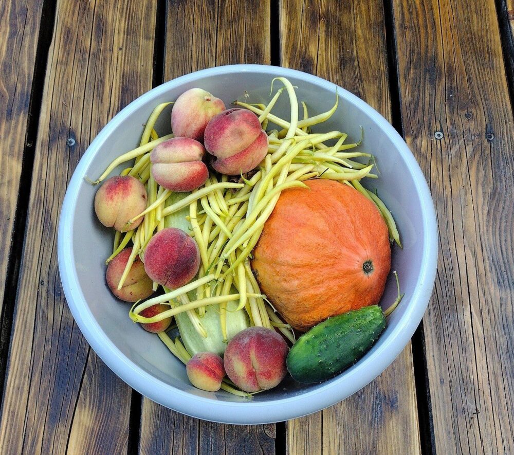 owoce i warzywa w misce na tarasie drewnianym/fot: FaktyPlus.pl