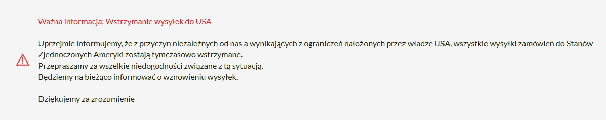 komunikat o zawieszeniu obsługi klientów z USA przez sklep TPN