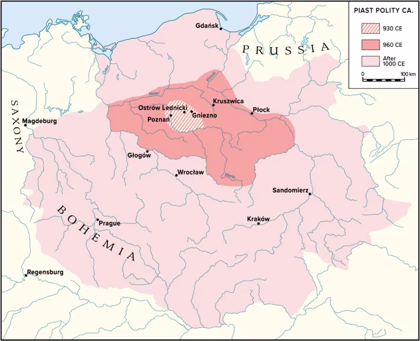 Rozwój terytorialny pierwszego państwa piastowskiego. Źródło: PNAS