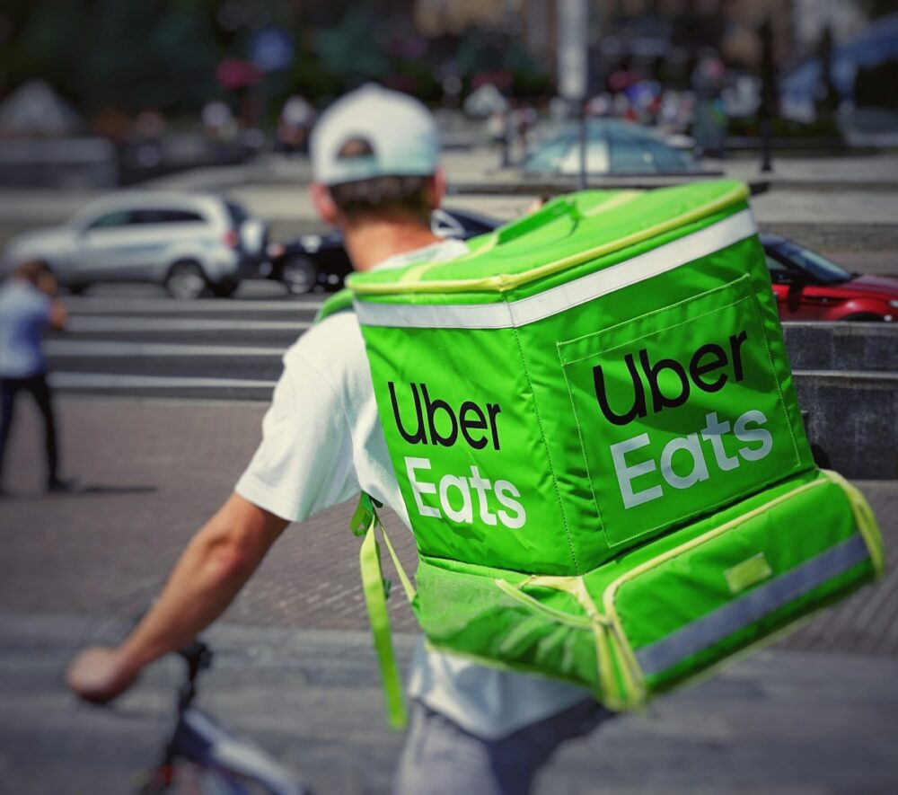 man with Uber eats backpack