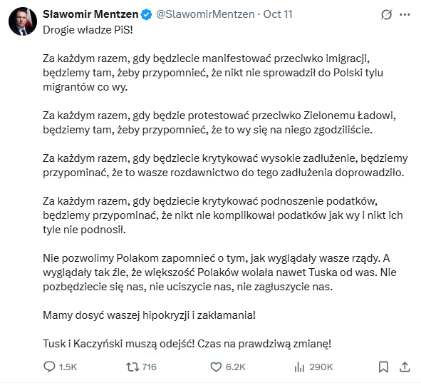 post Sławomira Mentzena na X