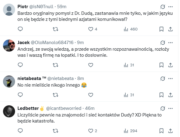 posty na x na temat nowej pracy Andrzeja Dudy