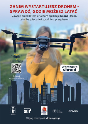 Plakat akcji edukacyjnej dotyczącej bezpieczeństwa lotów dronami w Warszawie/ Policja