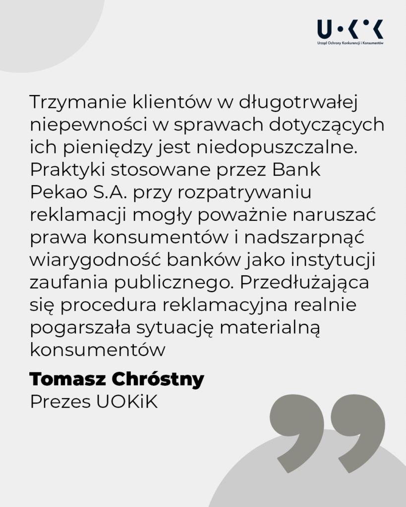 UOKiK nakazał Pekao S.A. wypłaty 300–2500 zł za opóźnione reklamacje z lat 2019–2023. Bank zarezerwował na ten cel prawie 100 mln zł.
