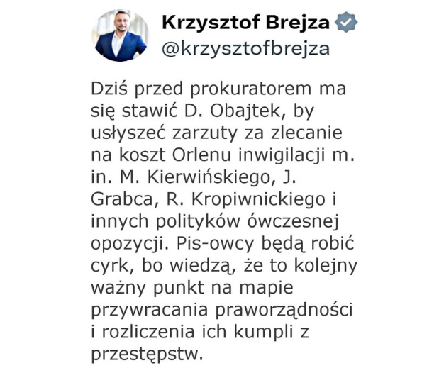 post Krzysztofa Brejzy komentujący wezwanie Daniela Obajtka do prokuratury/ K. Brejza/X