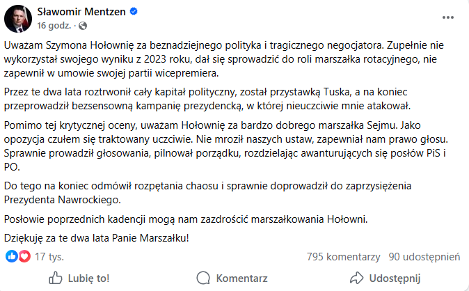 Sławomir Metzen ocenia pracę Hołowni na stanowisku Marszałka Sejmu/ S. Mentzen na FB