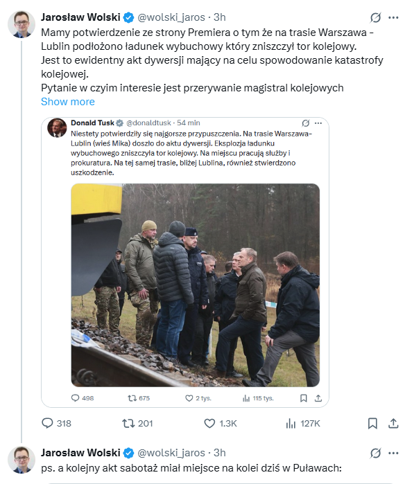 Post Jarosław Wolskiego na X na temat próby wysadzenia pociągu/ X