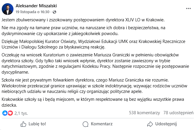Prezydent Krakowa o skandalu z dyrektorem jednego z liceów/ FB