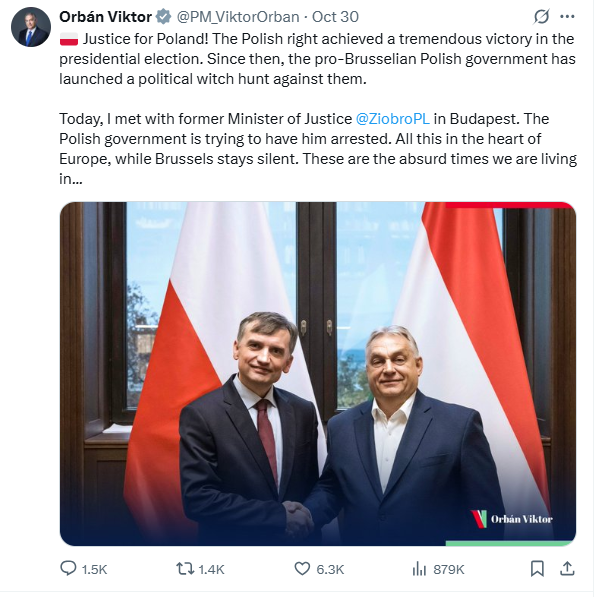 Wiktor Orban wspiera Zbigniewa Ziobro i krytykuje postępowanie wobec byłego ministra ws. jego potencjalnych politycznych i kryminalnych nadużyć