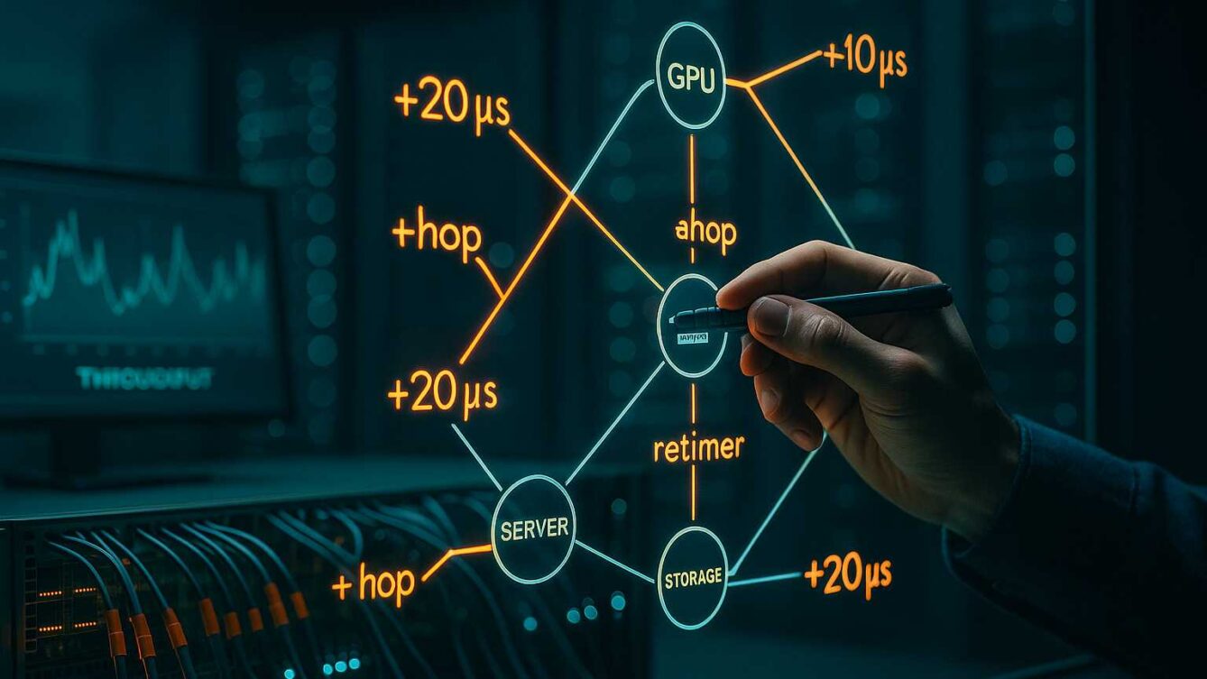 schemat opóźnień między GPU, serwerem i storage w serwerowni