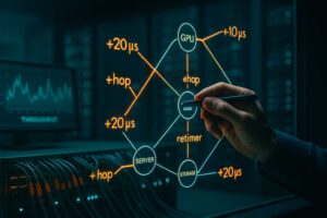 schemat opóźnień między GPU, serwerem i storage w serwerowni