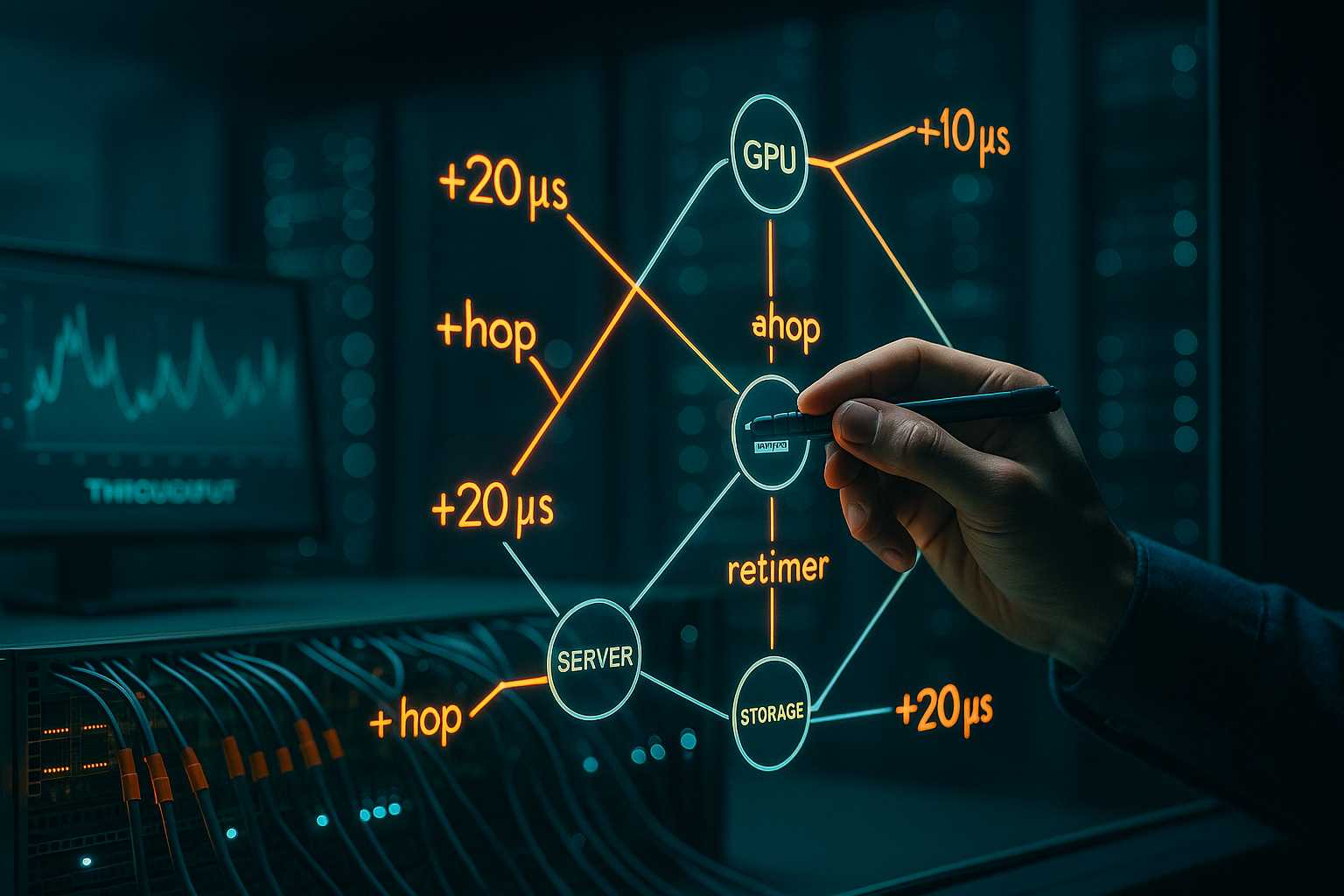 schemat opóźnień między GPU, serwerem i storage w serwerowni