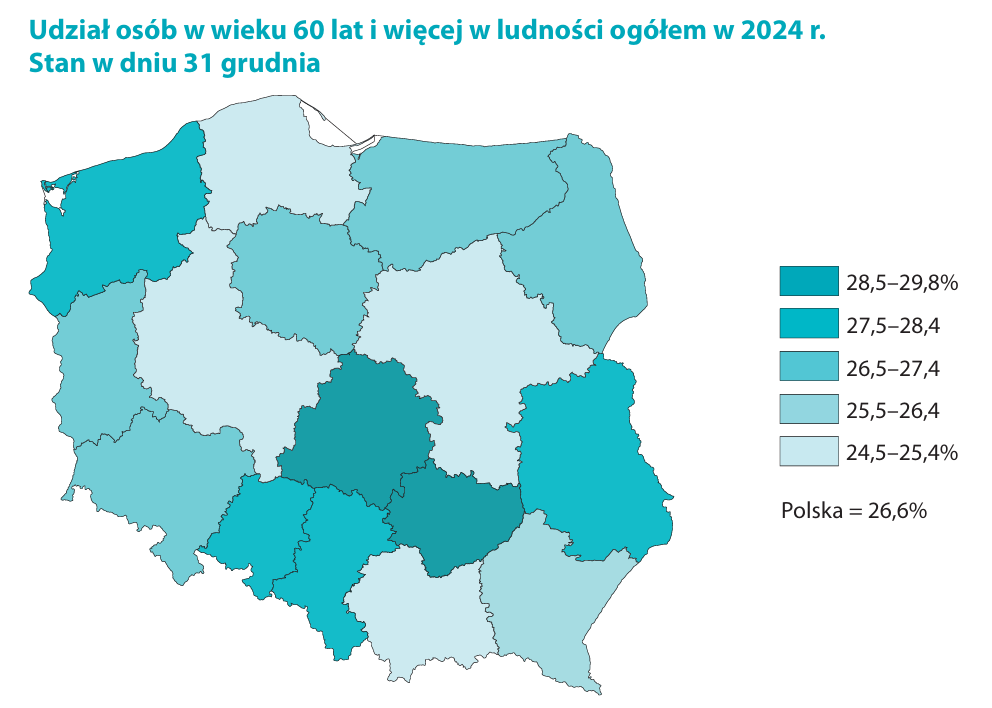 Udział osób w wieku 60 lat i więcej w ludności ogółem w 2024 r. Stan w dniu 31 grudnia. / GUS