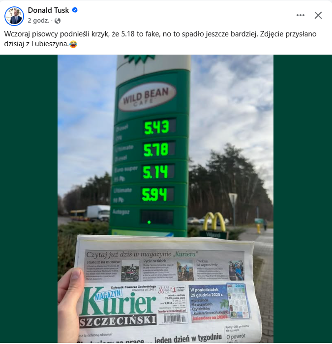 Benzyna po 5,14 zł za litr pojawiła się na stacji w Lubieszynie./ FB