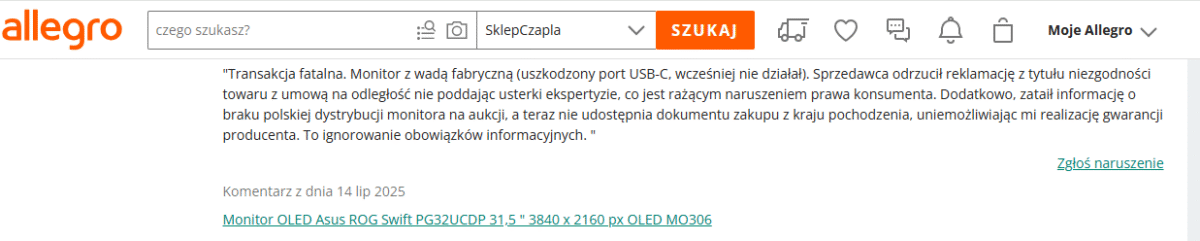 Komentarz klienta do transakcji ze SklepCzapla na Allegro