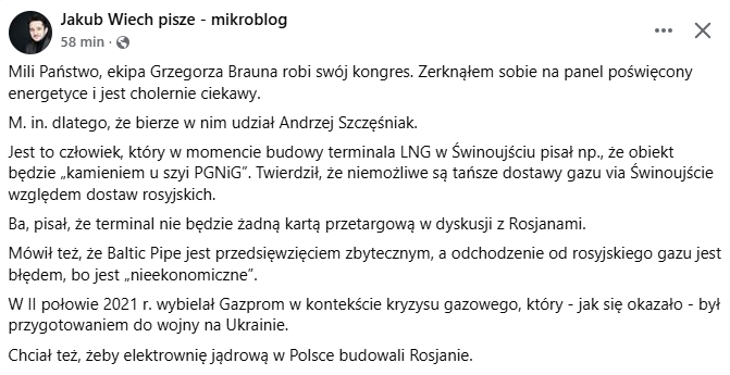 Post na FB Jakuba Wiecha o Andrzeju Szczęśniaku. 