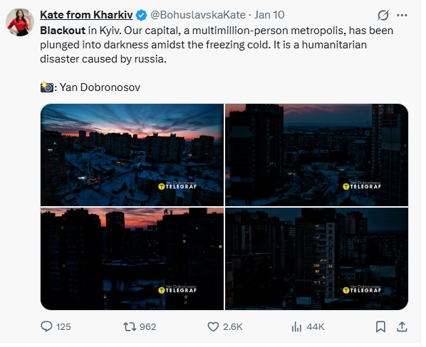 Blackout w Kijowie. Post na X Kate from Kharkiv
@BohuslavskaKate