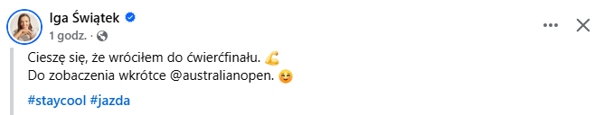 Iga Świątek w ćwierćfinale Australian Open