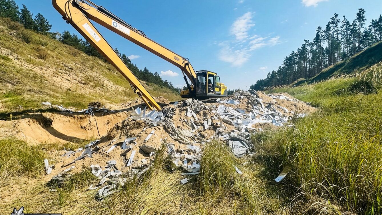 Funkcjonariusze CBŚP na terenie nielegalnego składowiska odpadów niebezpiecznych w żwirowni. CBŚP