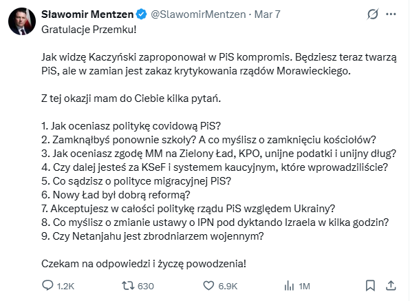 Post Sławomira Mentzena na X