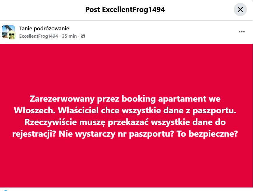 Post na grupie Tanie Podróżowanie na FB