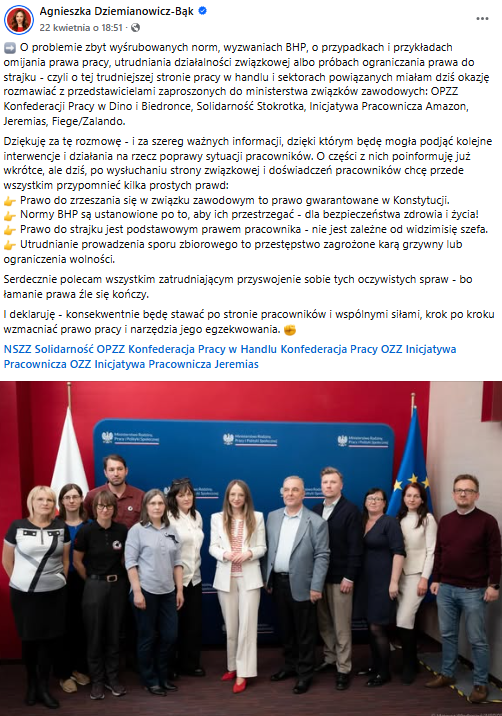 Agnieszka Dziemianowicz-Bąk wspiera walczących o prawa pracowników handlu