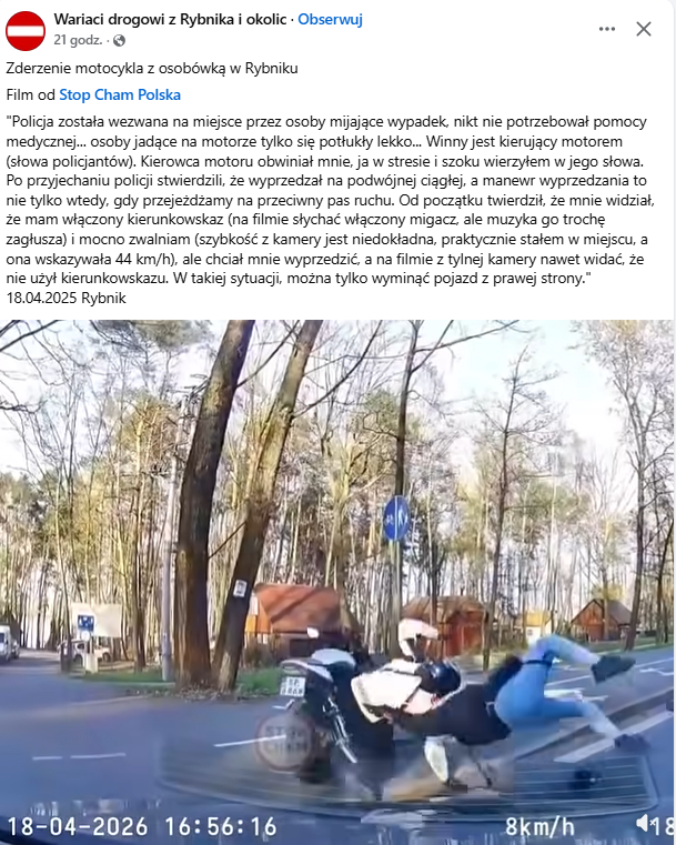 Kierowca motocykla, mimo że doskonale widział hamujący samochód z wyraźnie włączonym kierunkowskazem, postanowił „lecieć” na złamanie karku lewym pasem, ignorując linię P-4.