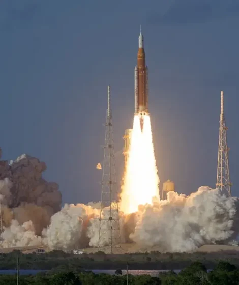 The SLS (Space Launch System) launches with the Artemis II crew aboard the Orion spacecraft on April 1, 2026, at NASA’s Kennedy Space Center in Florida. Credit: NASA/Bill Ingalls