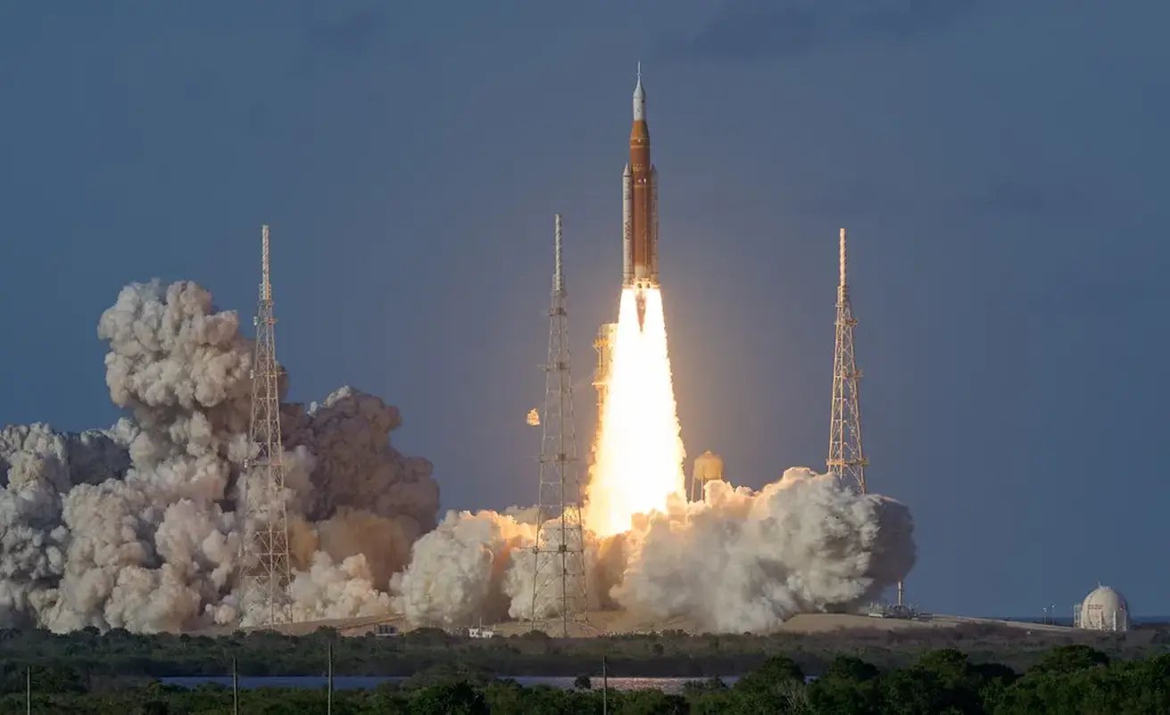 The SLS (Space Launch System) launches with the Artemis II crew aboard the Orion spacecraft on April 1, 2026, at NASA’s Kennedy Space Center in Florida. Credit: NASA/Bill Ingalls