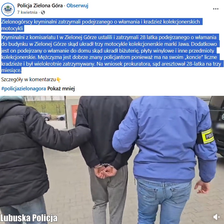 Aresztowany za kradzieże motocykli. Policja/FB