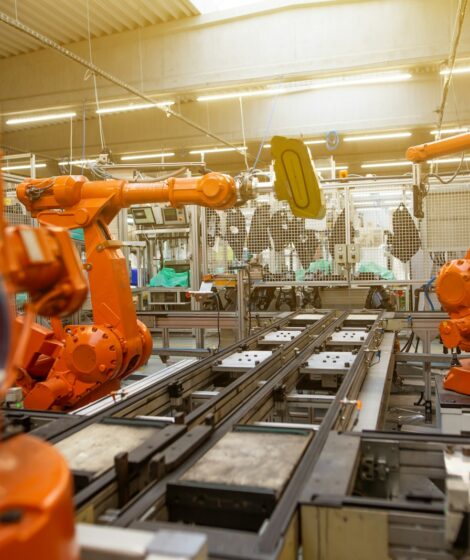 a factory filled with lots of orange machines