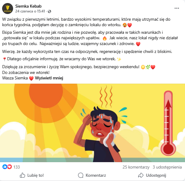 Siemka Kebab z Torunia zamyka się na czas upałów. / FB