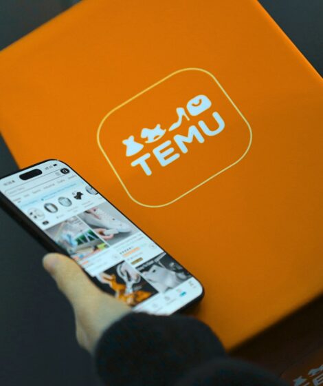 Person holding phone with temu logo box