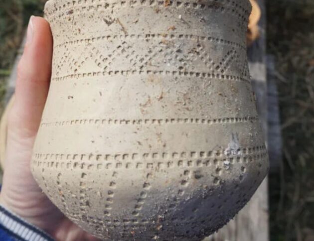 Rekonstrukcja pucharu dzwonowatego ze stanowiska 6 w Supraślu. Oryginalnie zachował się tylko fragment dolnej części naczynia, a ornament powyżej niezdobionego pasa jest propozycją rekonstrukcji. Fot. @ A. Cetwińska, CC BY-ND 4.0