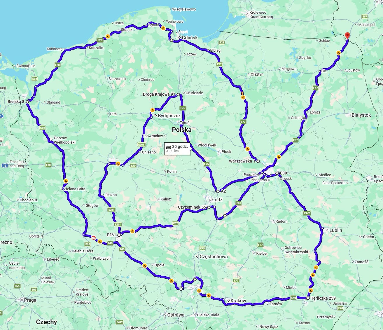 Obserwujący profil GDDKiA wyznaczyli trasę liczącą 3197 km. Prowadzi z Budziska do Czosnowa wyłącznie autostradami i ekspresówkami.
