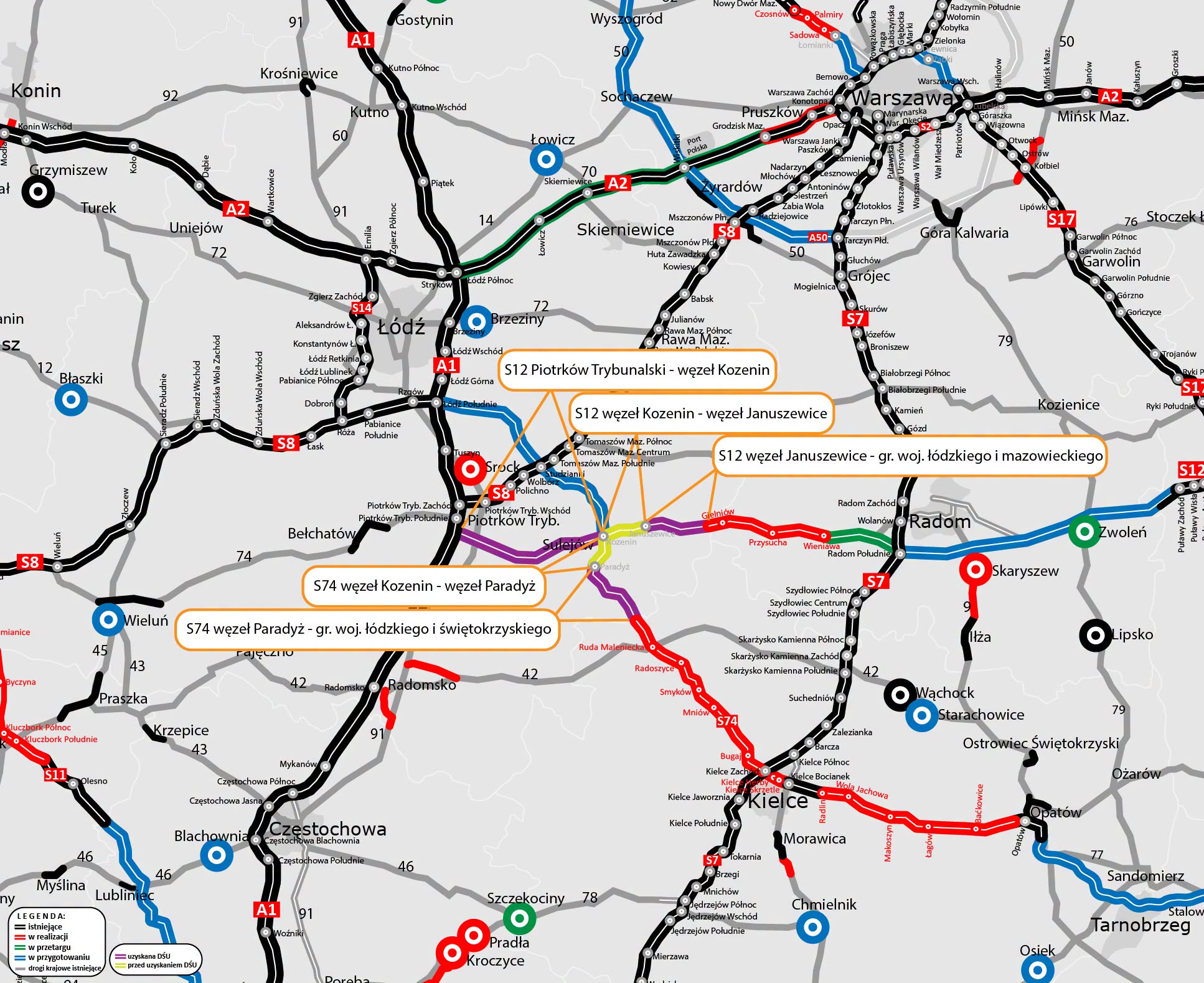 GDDKiA przygotowuje ponad 85 km dróg S12 i S74 w Łódzkiem. S12 ominie Sulejów, a S74 połączy Kozenin z granicą województwa.