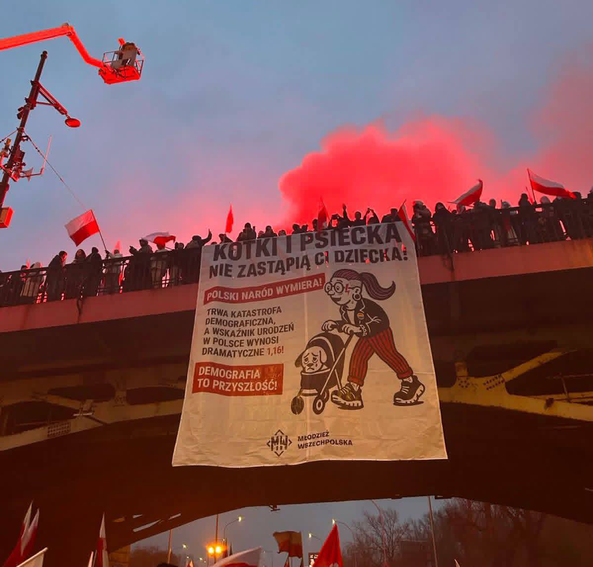 Baner zwieszony w trakcie Marszu Niepodległości z Mostu Poniatowskiego w 2025. Fot: Wrrrradek – Praca własna, CC BY-SA 4.0