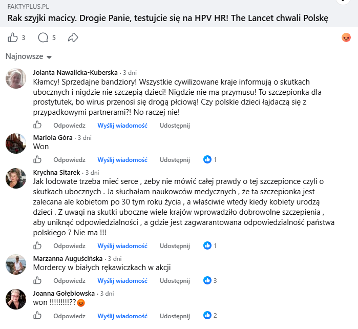 Komentarze antyszczepinkowców pod artykułem o HPV w Fakty Plus