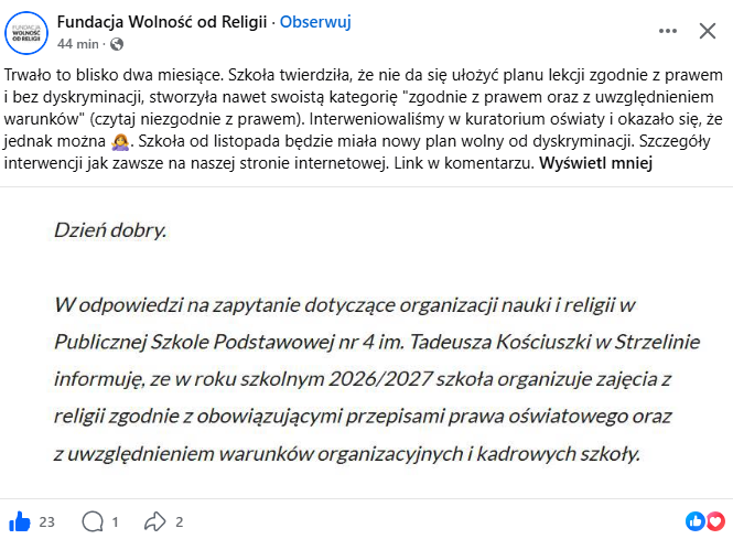 Czy religia może być w środku planu lekcji? Fundacja Wolność od Religii interweniowała, a kuratorium wykazało naruszenie przepisów w 14 oddziałach.