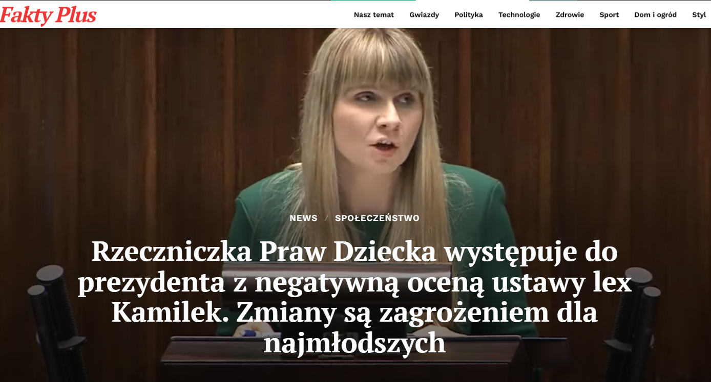 Negatywna opinia Rzeczniczki Praw Dziecka o nowelizacji Lex Kamilek Rzeczniczka Praw Dziecka wygłasza opinię o nowelizacji Lex Kamilek