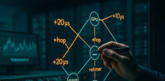 Ukryty podatek hopów. Dlaczego serwery AI za miliony przegrywają z tańszymi węzłami schemat opóźnień między GPU, serwerem i storage w serwerowni